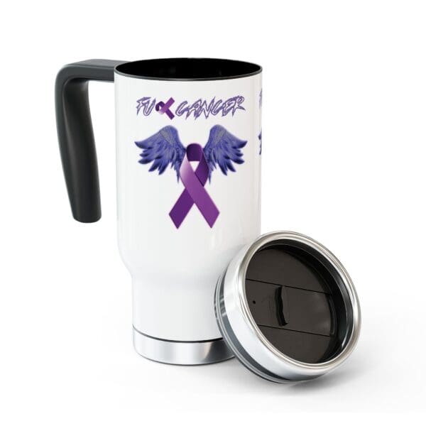 The F*ck Cancer Stainless Steel Travel Mug with Handle, 14oz, features a white body with a black handle and lid. It is adorned with a purple ribbon with wings and the text "F*** Cancer" above it.