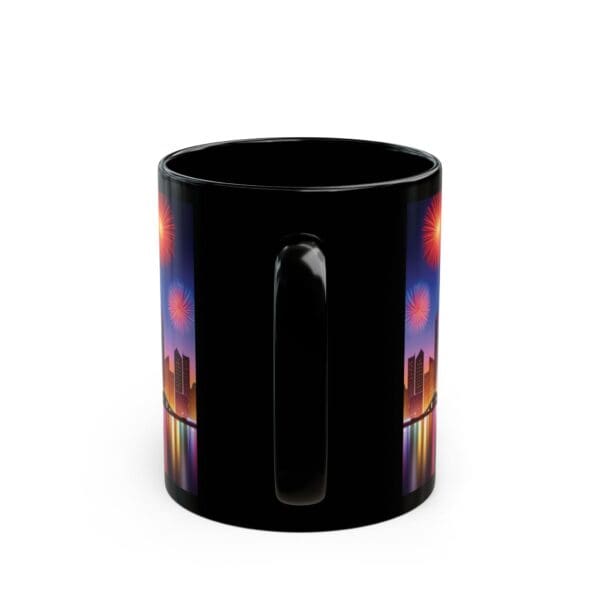 A City Skyline Fireworks Coffee Mug (available in 11oz and 15oz) featuring an all-around exterior design of fireworks and a cityscape in black.