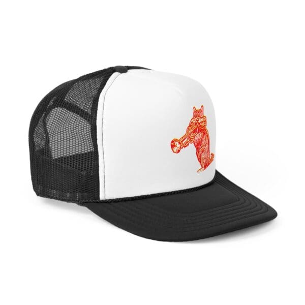 The Chipmunk Trucker Hat is a black and white mesh trucker hat featuring an illustration of a red wolf playing a trumpet on the front panel.