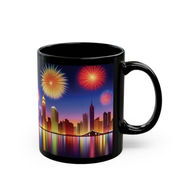 The City Skyline Fireworks Coffee Mug (available in 11oz and 15oz) showcases a black background with a colorful cityscape illuminated by vibrant fireworks, reflecting brilliantly on a calm water surface.