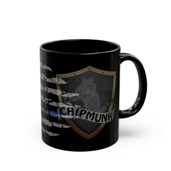 EMS Support Coffee Mug: A black mug showcasing a design with a chipmunk inside a shield, holding a bat, with the word "CHIPMUNK" below it. The backdrop features distressed white stripes and blue accents.