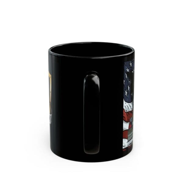 American Trucker Coffee Cup featuring a black ceramic design with an American flag motif.