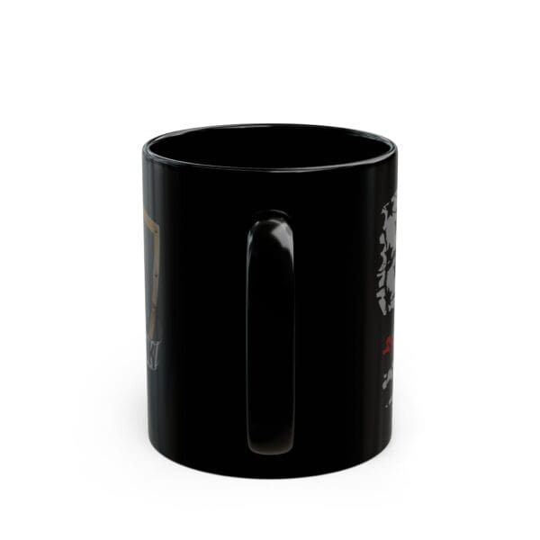 The Firefighter Support Coffee Mug, a plain black ceramic mug with a handle, is shown against a white background.