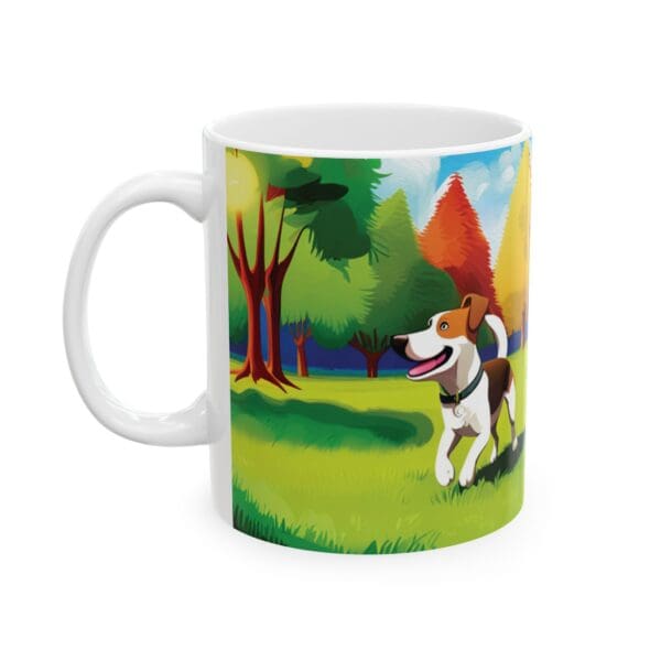 The Playful Dog Coffee Mug 11oz is a white ceramic mug featuring a colorful illustration of a dog walking in a vibrant park with trees and blue sky in the background.