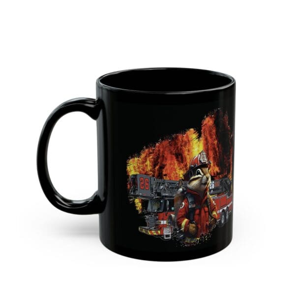 The Firetruck Coffee Cup features a colorful graphic of a firefighter in full gear, standing in front of a fire truck with flames blazing in the background.