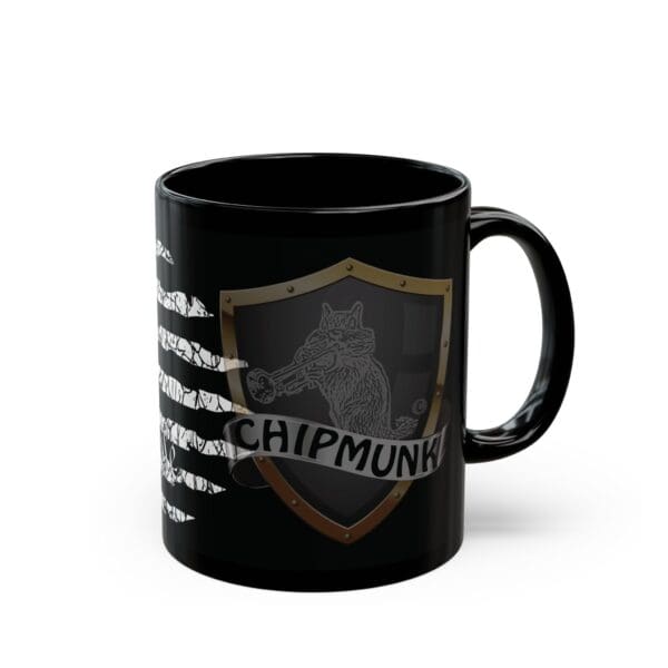 Introducing the American Pride Coffee Mug: a black coffee mug adorned with a striking shield, a charming chipmunk illustration, and the bold text "CHIPMUNK.