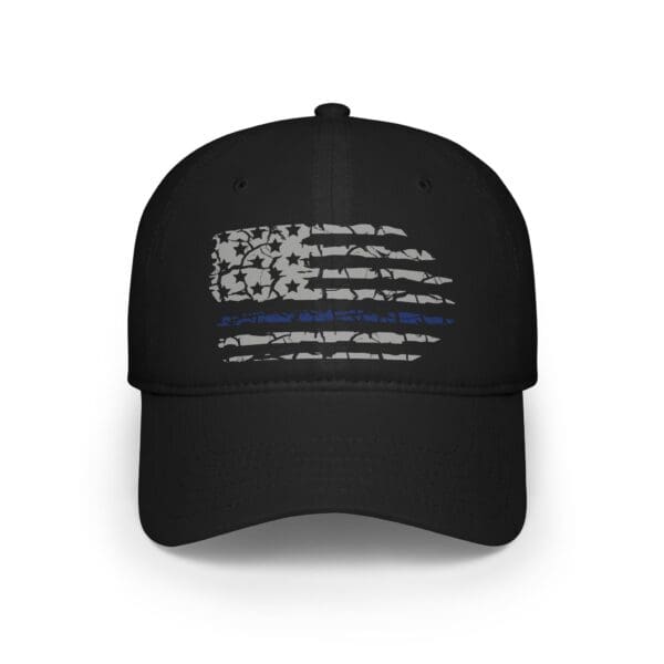 Police Support Low Profile Baseball Hat featuring a distressed American flag design with a blue line on the front.