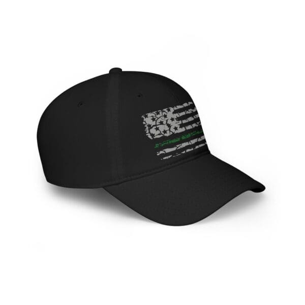 The Military Support Low Profile Baseball Hat is a black cap featuring a stylized American flag design with a skull and camouflage pattern, and a single green stripe.