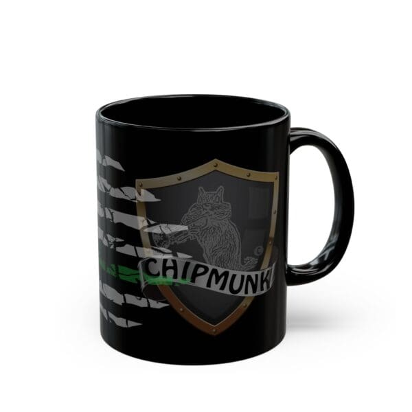 Military Support Coffee Mug featuring a graphic of a chipmunk holding a stick inside a shield, with the word "CHIPMUNK" displayed below the shield.