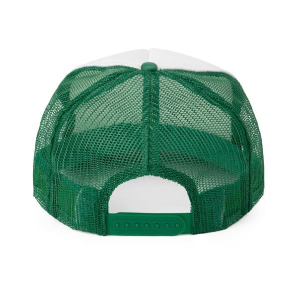 Rear view of a Chipmunk Trucker Hat featuring a green and white mesh design with an adjustable snapback closure.