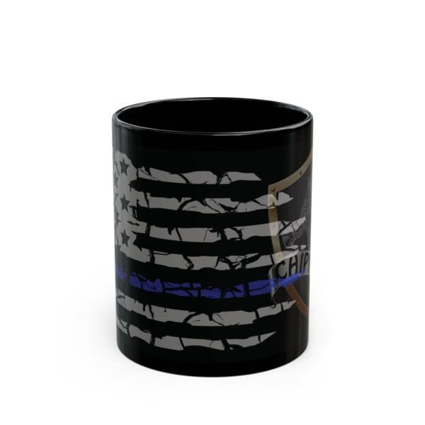 A Police Support Coffee Mug adorned with an American flag, a thin blue line, and a police shield emblem.