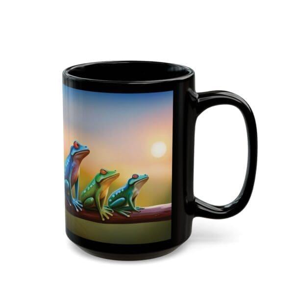 Colorful Frogs Coffee Mug, available in 11oz and 15oz sizes, features an illustration of three vibrant frogs perched on a branch with a sunset backdrop.