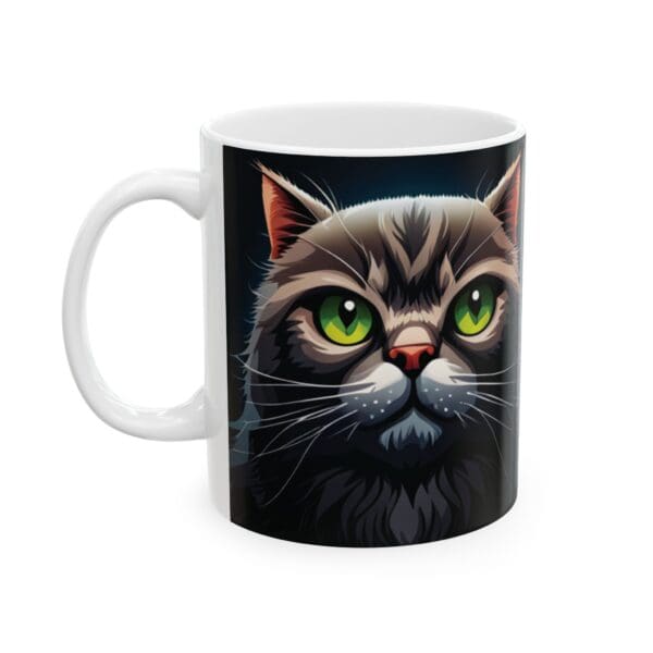 Angry Cats Coffee Mug 11oz, featuring an illustration of a cat with green eyes and a serious expression.