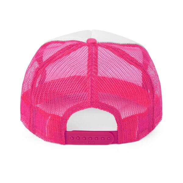 Back view of the Chipmunk Trucker Hat in pink mesh, featuring an adjustable snapback closure.