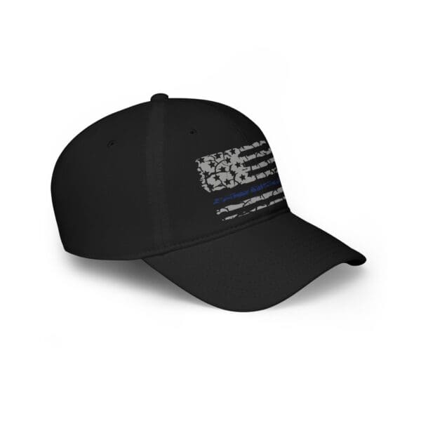 The Police Support Low Profile Baseball Hat is a black cap that features a distressed American flag design with a blue line on one of the middle stripes.