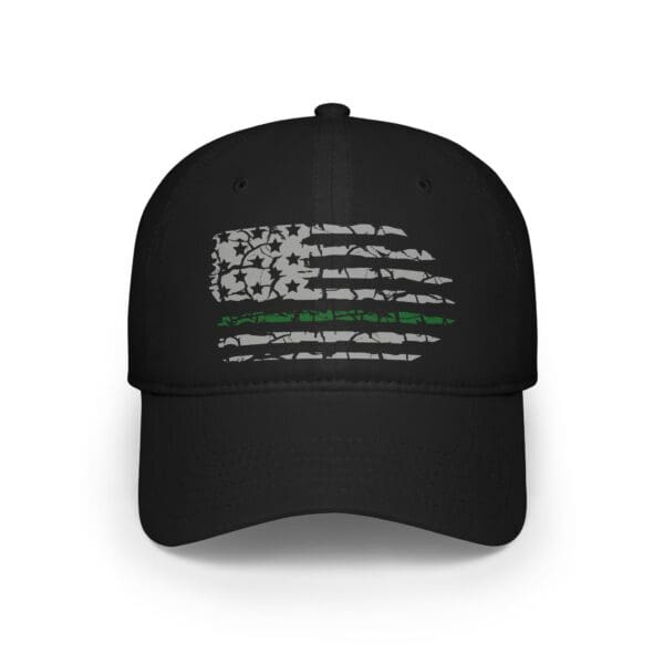 A Military Support Low Profile Baseball Hat in black, featuring a distressed American flag design with a thin green line.