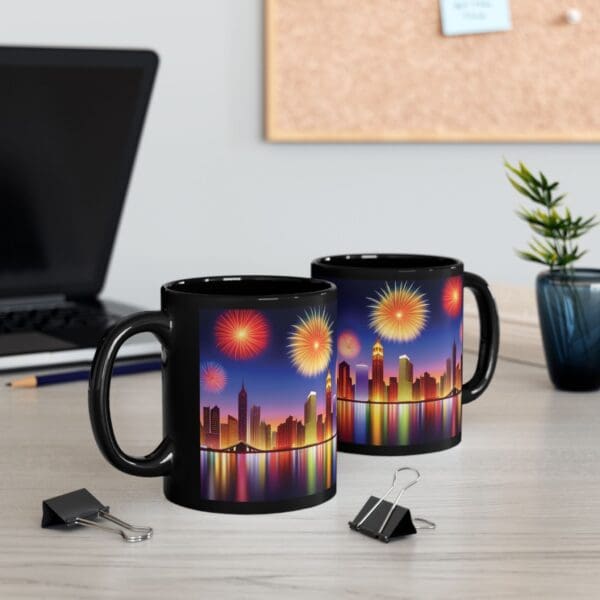 Two City Skyline Fireworks Coffee Mugs in black, featuring a vibrant cityscape and fireworks design, placed on a desk beside a laptop, notepad, and binder clips.