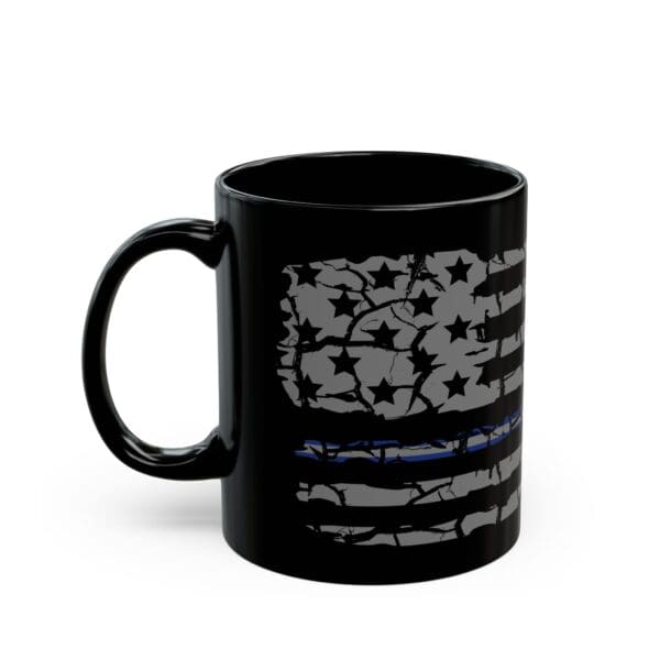 An EMS Support Coffee Mug featuring a distressed American flag design with a thin blue line across the center.