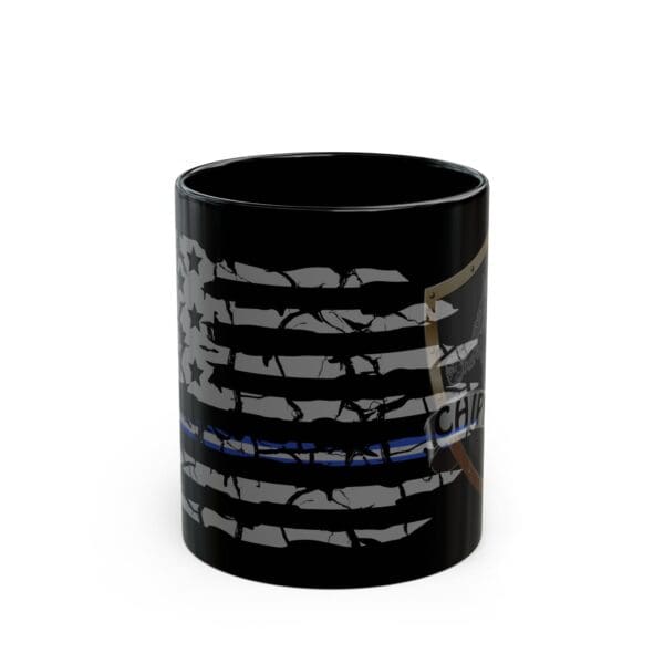 Black EMS Support Coffee Mug with a distressed American flag design featuring a thin blue line and a partially visible emblem to the right.