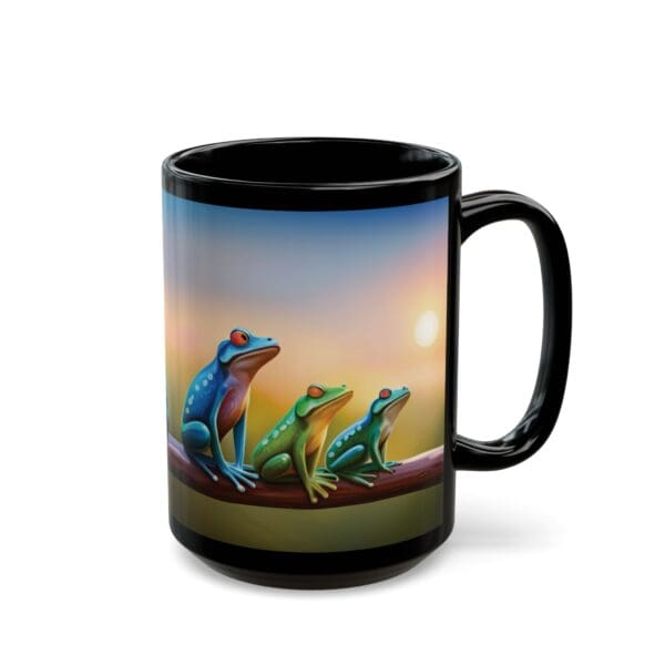 Colorful Frogs Coffee Mug featuring three vibrant frogs sitting in a row on a branch with a sunset backdrop, available in 11oz and 15oz sizes.