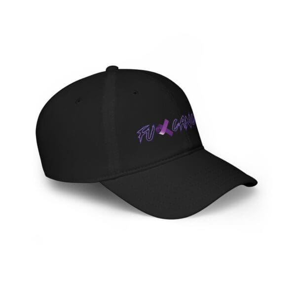 A black F*ck Cancer Low Profile Baseball Hat with "FUXK CANCER" embroidered in purple and white on the front.