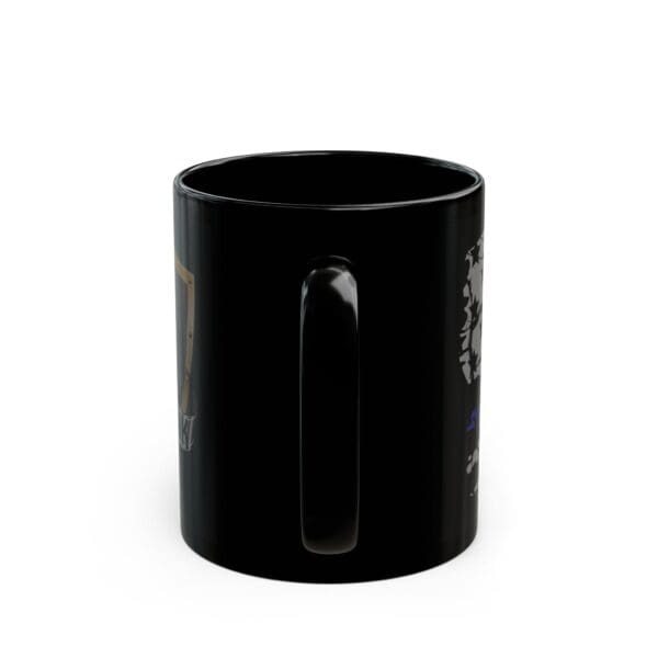 A Police Support Coffee Mug in black ceramic with a blank handle and a partially visible logo or graphic on the side.