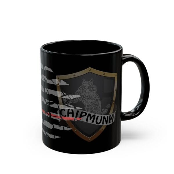 Introducing the **Nurse Support Coffee Mug**: A black mug featuring a unique shield logo with a character holding a pipe, the text "CHIPMUNK" beneath it, all surrounded by claw marks and highlighted with a red underline.