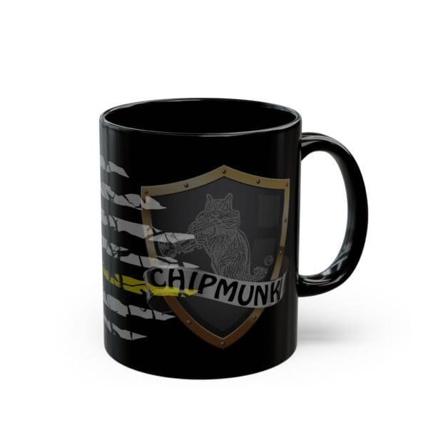 The Dispatcher Support Coffee Mug is a black ceramic mug featuring a design of a chipmunk inside a shield, with the text "CHIPMUNK" below the image and horizontal stripes flanking the shield.