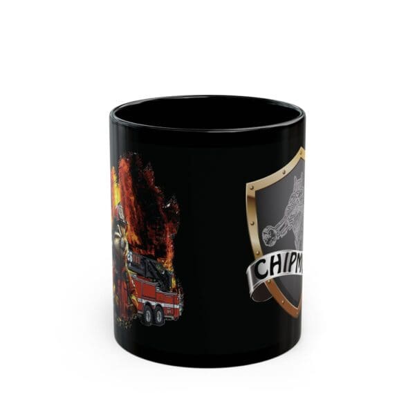 The Firetruck Coffee Cup is a black mug featuring a firefighter’s helmet, a fire truck surrounded by flames, and a shield with the text "CHIPMUNK" alongside an image of an animal.