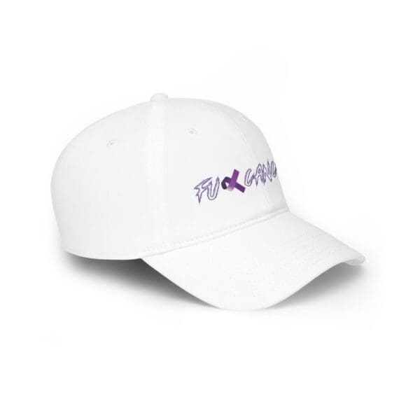 A white "F*ck Cancer Low Profile Baseball Hat" showcasing the text "FUX GANG" in a stylized purple and black script on the front.