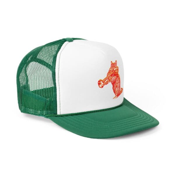 The Chipmunk Trucker Hat is a green and white hat featuring an orange wolf blowing a horn design on the front panel.