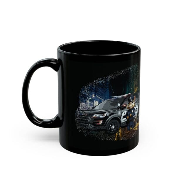 The Police Car Coffee Mug displays an illustration of a police car with an officer standing nearby against a nighttime backdrop.