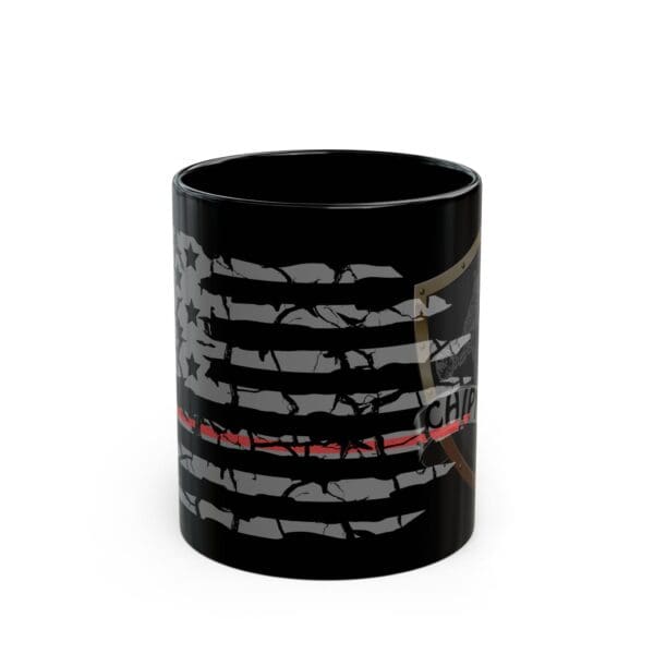 A Nurse Support Coffee Mug featuring a stylized American flag with a red line, silhouettes of firefighters, and a firefighter shield insignia.