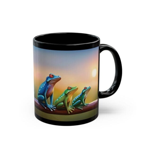 Colorful Frogs Coffee Mug (available in 11oz and 15oz sizes) featuring an illustration of three vibrant frogs perched on a log, with a radiant sunset setting the backdrop.