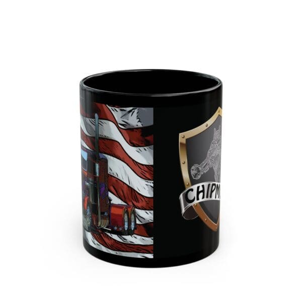 American Trucker Coffee Cup featuring a black design with an American flag and truck graphic on one side, and a shield logo with the word "CHIPM" on the other side.