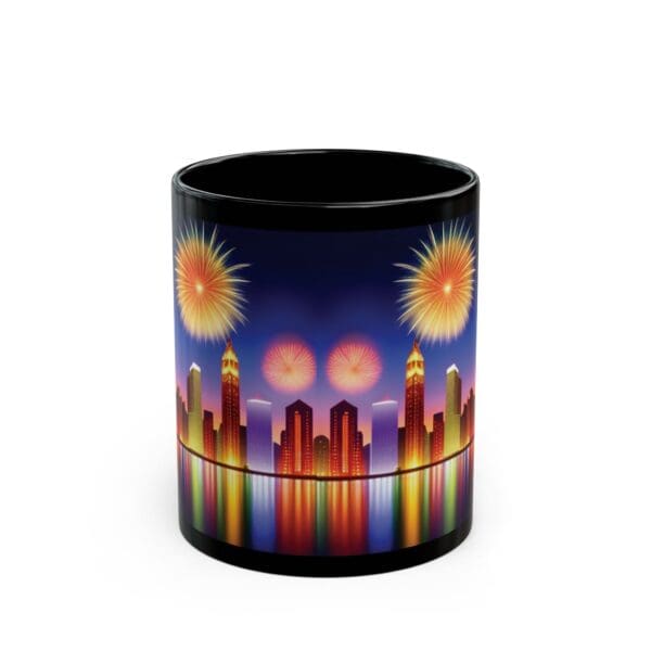 The City Skyline Fireworks Coffee Mug, available in both 11oz and 15oz sizes, showcases a vibrant cityscape with fireworks illuminating the sky and their reflections shimmering in a body of water.