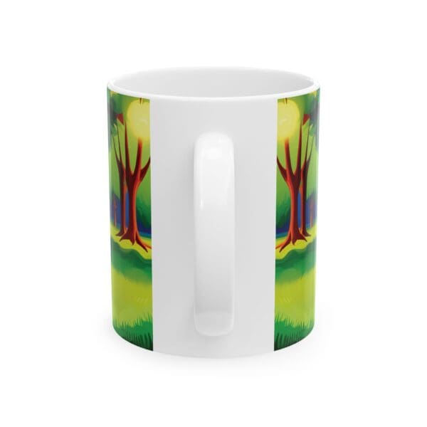 Playful Dog Coffee Mug 11oz showcasing a vibrant forest scene with trees and greenery.