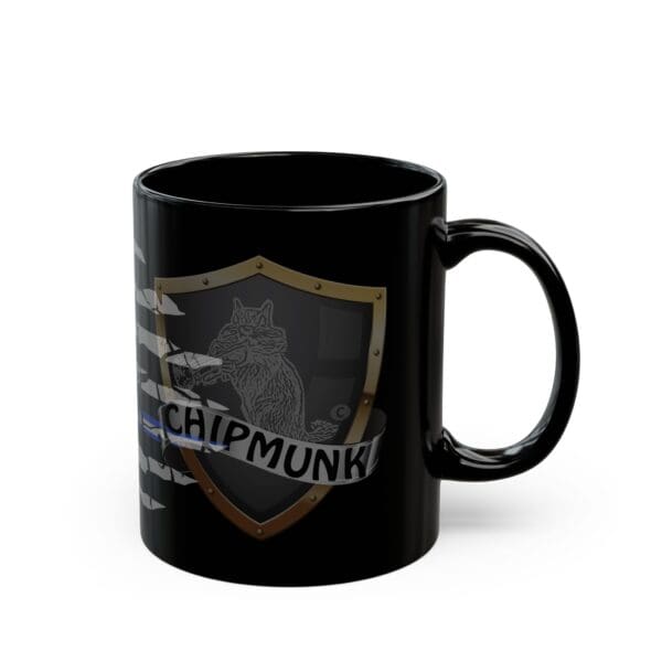 An EMS Support Coffee Mug featuring a crest with a chipmunk, a scroll below reading "CHIPMUNK!" and crossed arrows behind the crest.