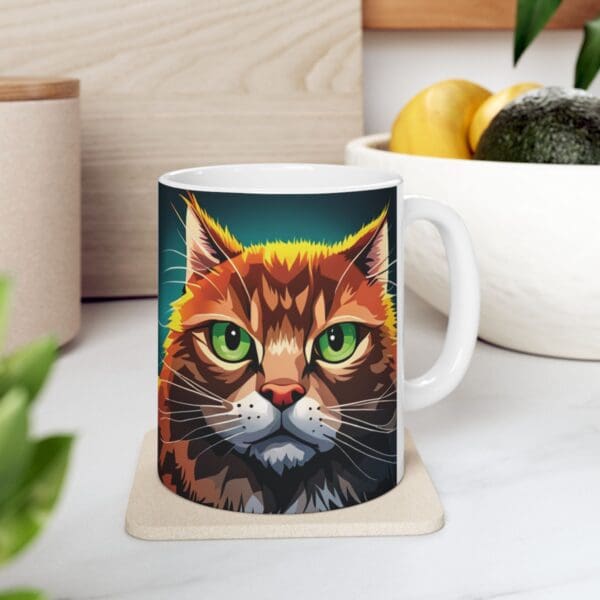 The Angry Cats Coffee Mug 11oz, featuring a colorful, illustrated cat face design, sits on a coaster in a kitchen setting.