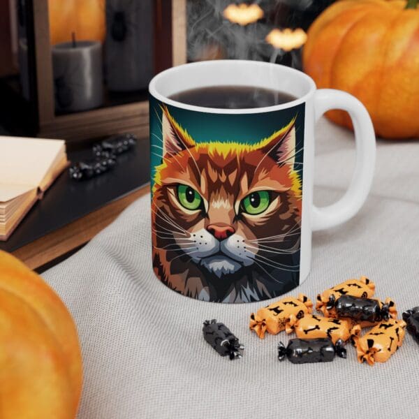 An Angry Cats Coffee Mug 11oz, featuring a colorful cat illustration, contains steaming coffee. It is surrounded by candles, pumpkins, and Halloween-themed candies on a table.