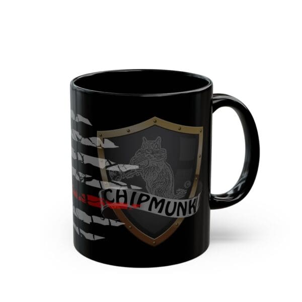 Firefighter Support Coffee Mug: Black ceramic mug featuring a shield with a chipmunk illustration and the text "Chipmunk," accompanied by horizontal gray stripes with one red stripe on the left.