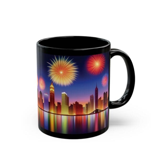 The City Skyline Fireworks Coffee Mug, available in both 11oz and 15oz sizes, features a black mug with a vibrant skyline design showcasing fireworks above city buildings and their reflections in the water.