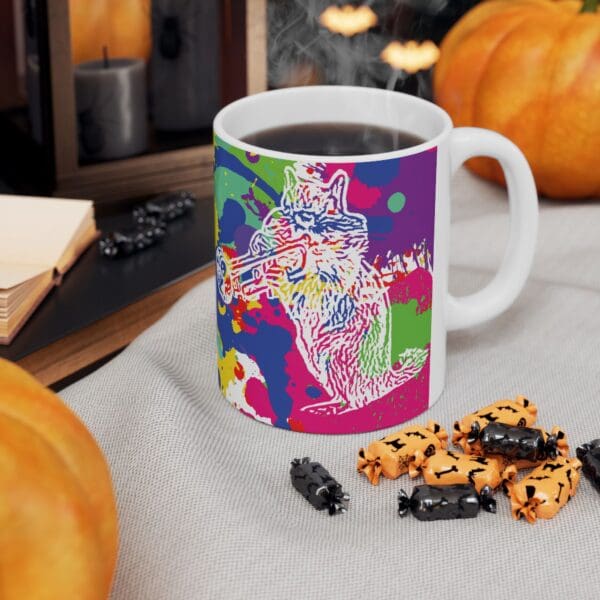 A vibrant Splash Chipmunk Coffee Mug sits on a table alongside Halloween-themed candies and pumpkins, featuring a charming cat playing a trumpet.