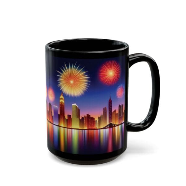 Black City Skyline Fireworks Coffee Mug, available in 11oz and 15oz sizes, showcasing a vibrant city skyline with fireworks illuminating the night sky.