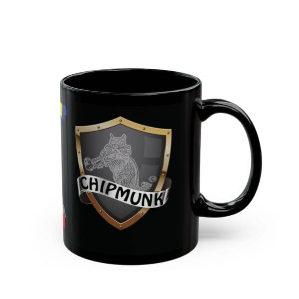 Unicorn Coffee Mug - Back the F*** Up, Sparkle Tits! showcasing a shield emblem with a sketch of a chipmunk and the word "CHIPMUNK" below it.