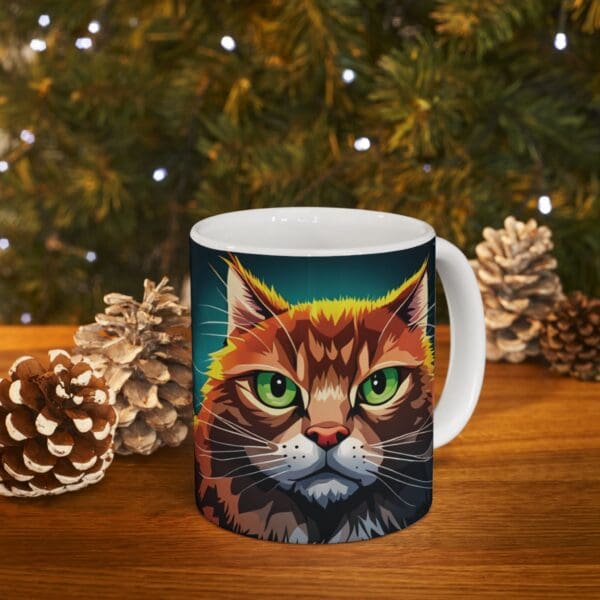 The Angry Cats Coffee Mug 11oz showcases a vibrant illustration of a cat with striking green eyes, displayed on a wooden surface adorned with pine cones and illuminated by a glowing Christmas tree in the background.