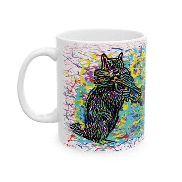 Cracked Chipmunk Coffee Mug, a white ceramic mug showcasing a vibrant and abstract illustration of a cat playing a trumpet.