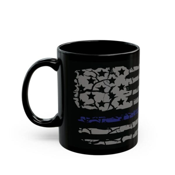 Police Support Coffee Mug featuring an American flag design in shades of gray with a single blue stripe in the middle.