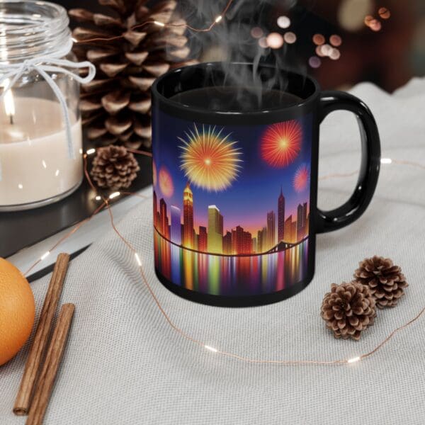 The City Skyline Fireworks Coffee Mug, featuring a vibrant depiction of a cityscape and fireworks, holds steaming liquid as it rests on a cloth surrounded by a candle, pinecones, and orange slices.