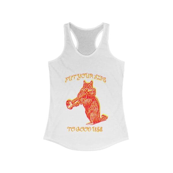 The "Put Your Lips To Good Use Tanktop" is a white racerback tank top featuring an orange-red illustration of a fox playing a trumpet, with the text "Put your lips to good use" surrounding the image.